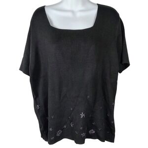 CLIO  Black Silk Cotton Floral Beaded Square Neck Knit Top 1X NWT romantic goth